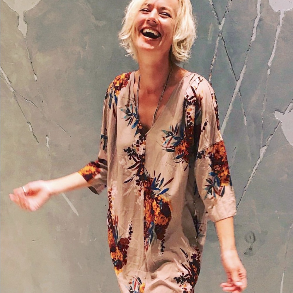 Odell tropical but subtle tunic dress tailored pleats,pockets,Anthropologie S